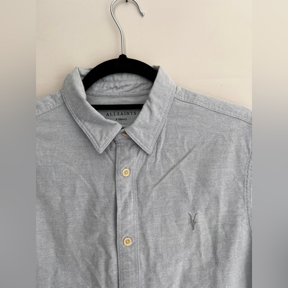 All Saints men's light blue short sleeve logo collared denim shirt extra small - Picture 2 of 5